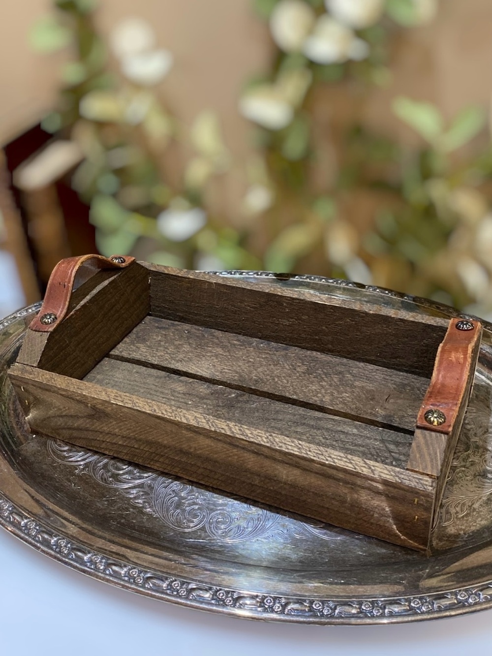Vintage Rustic Wood Tray Box Leather Handles Distressed Farmhouse Cottagecore